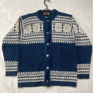 Nordstrikk Cardigan Mens S Navy Blue Fair Isle Virgin Wool Metal Button Norway